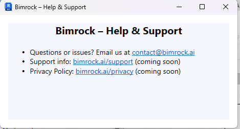 Help & Support dialog with contact email and support links